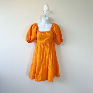 Sim & Sam Orange Dress Puff Sleeve Mini 100% Cotton Tiered Women's Size XS NWT's
